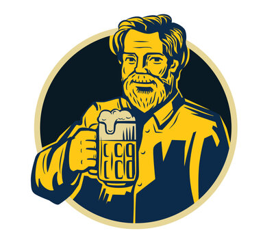 Bearded Man Drinking Beer Vintage Illustration