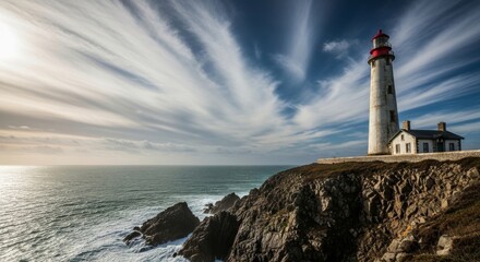 Obraz premium Lighthouse standing tall on rocky cliff overlooking the sea