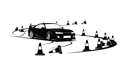 Drifting car navigates a course of cones black and white silhouette © adobeamena