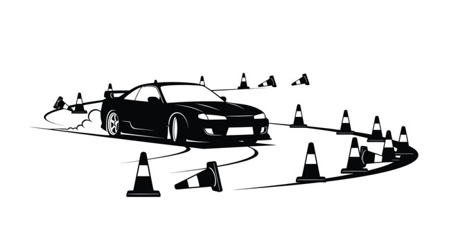 Drifting car navigates a course of cones black and white silhouette