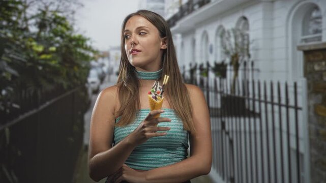 Young woman holding ice cream cone, arm and hand visible, wearing teal halter top and choker, looking up while standing on a residential street; thoughtful.