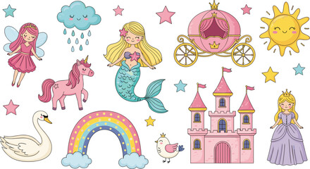 Naklejka premium Fairy Tale and Princess-Themed Illustrations with Unicorn, Mermaid, and Castle for Kids' Art, Magical Designs, and Dreamy Decor
