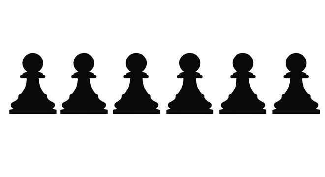 A row of black chess pawns against a white background silhouette