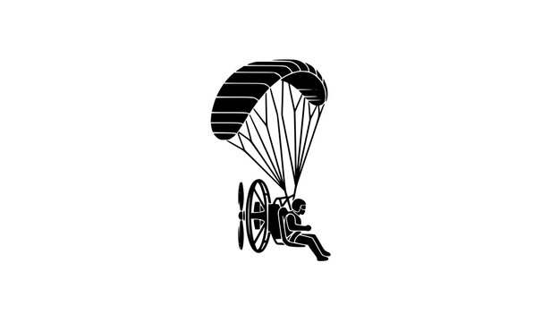 A minimalist black vector icon of a paramotor on a solid white background. The paramotor shows the pilot suspended below a circular paraglider wing with a rear-mounted propeller. The icon emphasizes c