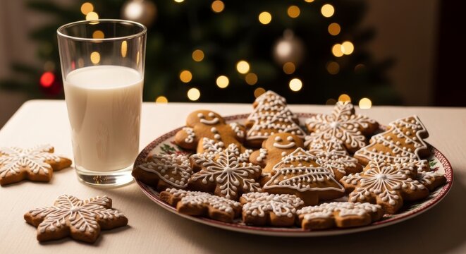 Frosted Gingerbread Cookies and Milk with Christmas Lights