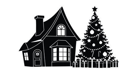 Fototapeta premium Festive house and christmas tree illustration in stark silhouette