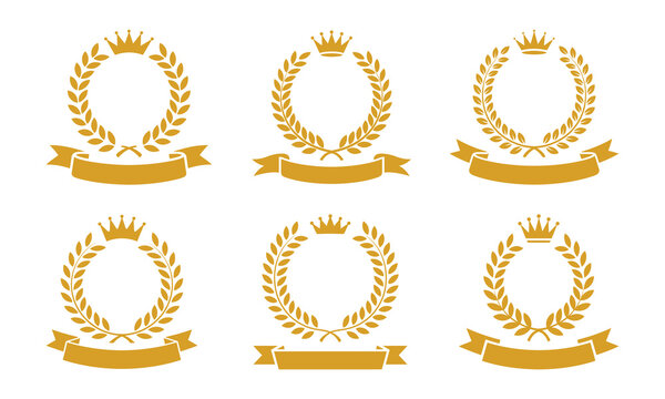 Golden laurel wreaths with crowns and ribbons, vector illustration