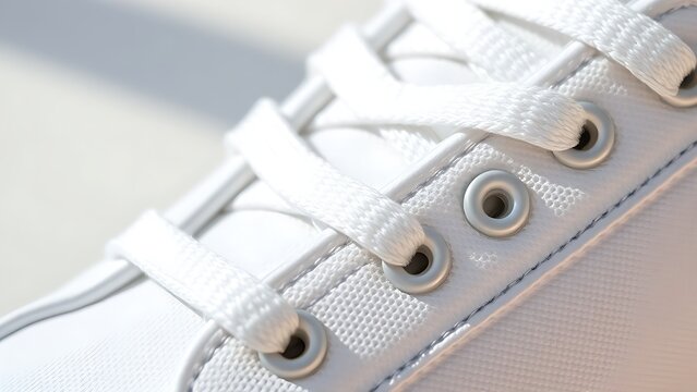 aglet. Close-up of white sneaker lace with metallic aglet on fabric. lifestyle magazines, social media lookbooks, designed for influencer and brand collaborations, inspires lifestyle.