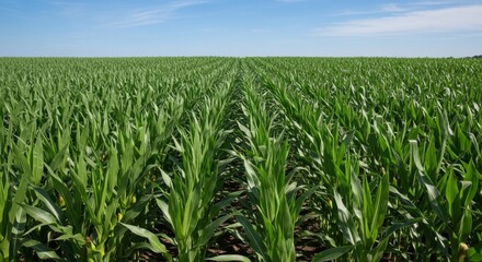 Fototapeta premium Lush green corn stalks in a dense field under blue sky