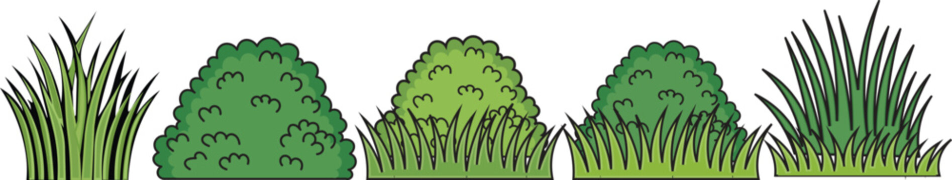 Green Bushes and Grass Illustration, Stylized Vegetation Row Artwork on a White Background