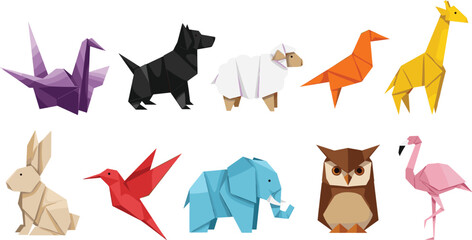 Obraz premium Colorful Origami Animal Collection Featuring Birds, Mammals, and Reptiles for Creative Design, Education, and Art Projects