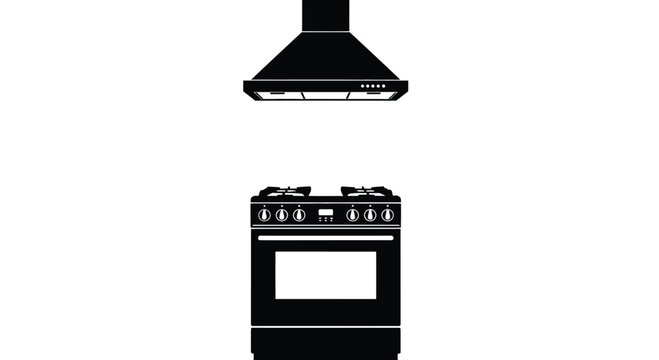 Black kitchen stove and range hood presented as a flat silhouette