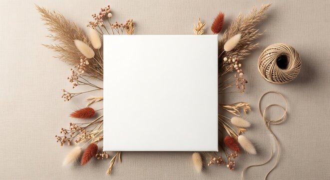 Mockup Logo Mockup Blank Canvas Surrounded by Dried Flowers and Twine on Textured pampas grass lagurus ovatus