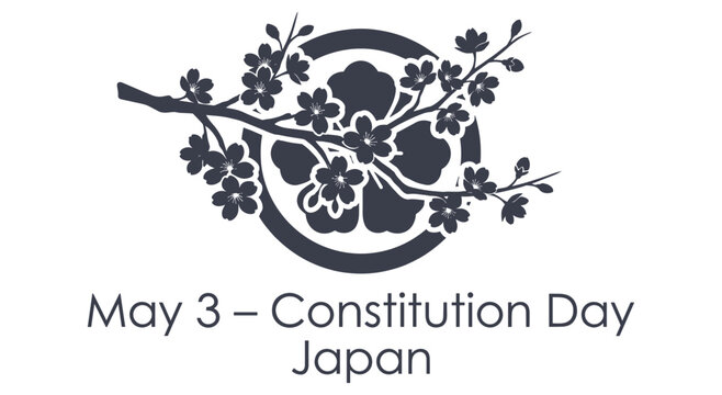 Japanese national holiday concept featuring monochrome sakura branch. Traditional floral kamon emblem in circular frame. Vector illustration of cherry tree blooms for spring cultural event.