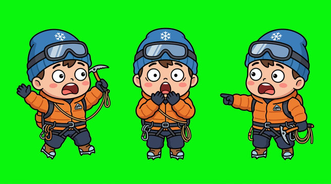 Cartoon Climber in Different Poses on Green Screen
