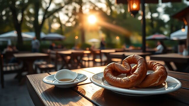 weisswurst. Beer garden table at dawn with weisswurst and pretzel on a white plate. bar promotions, beverage menus, designed for product packaging and bar promotions.