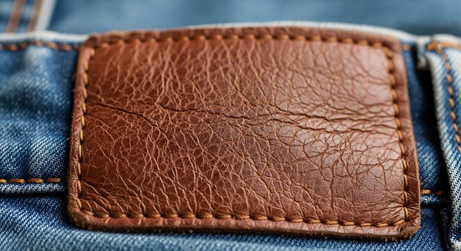 Mockup Logo Mockup Close up of a brown leather patch stitched onto blue denim jeans fabric image photo