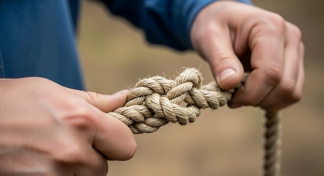 Hands tightening a strong nautical knot in a thick hemp rope