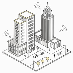 Naklejka premium Smart city isometric concept with connected buildings and people on streets isometric buildings connectivity technology communication infrastructure architecture internet development