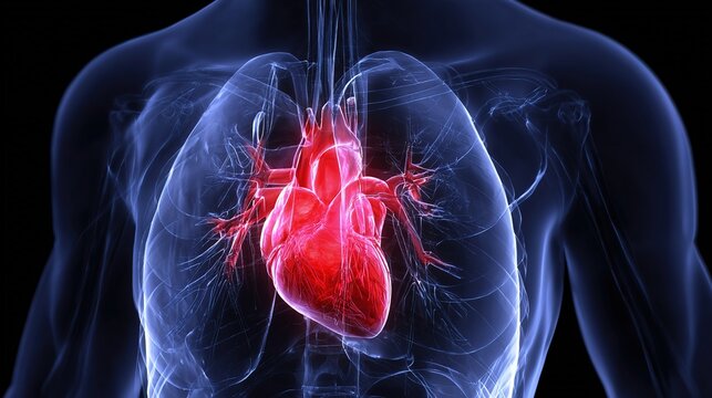 Angina Pectoris medical illustration showing chest pain caused by myocardial ischemia, blocked coronary arteries, insufficient blood oxygen supply to heart muscle, cardiovascular warning symptoms, 