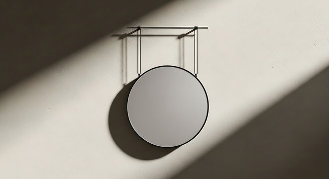 Mockup Logo Mockup Minimalist round mirror hanging on a textured wall with dramatic light and shadow circular