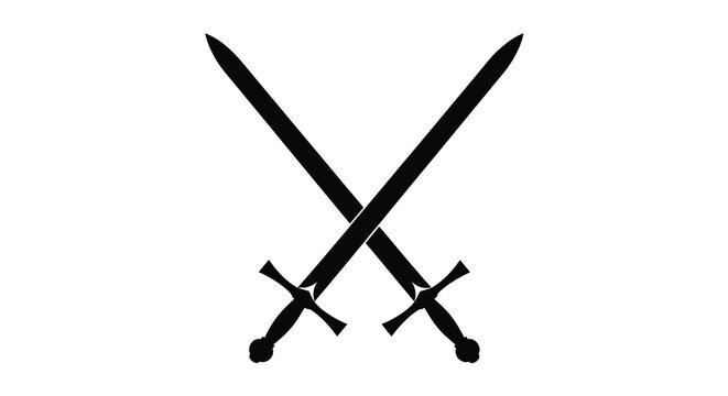 Two crossed swords depicted in a stark black silhouette
