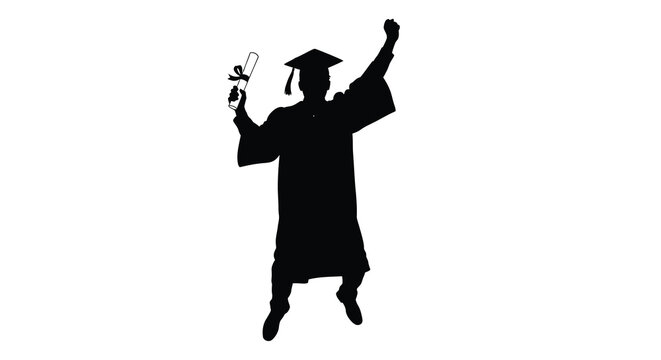 Celebrating graduation with a diploma joyful pose in black silhouette