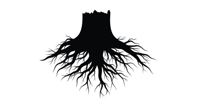 A stark black tree stump with exposed roots a dramatic silhouette