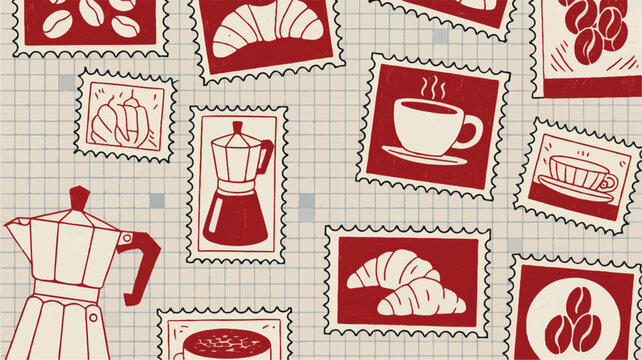Coffee Themed Postage Stamp Pattern with Moka Pot and Croissants, Vector Illustration