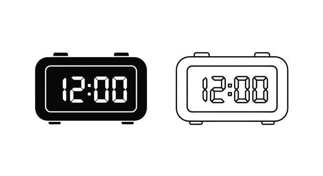 Digital clock illustrations showing twelve o clock in black and white silhouette