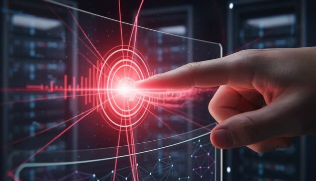 Human finger activating AI interface, digital technology and innovation concept