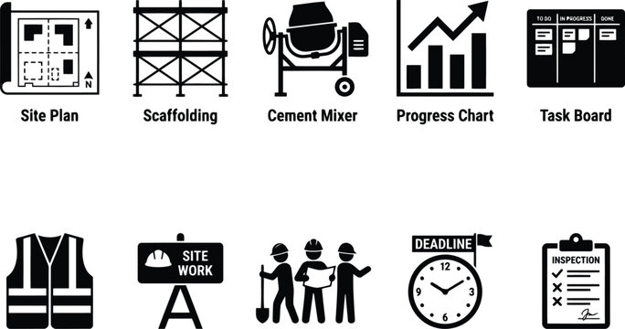 construction icons set, site plan, scaffolding, cement mixer