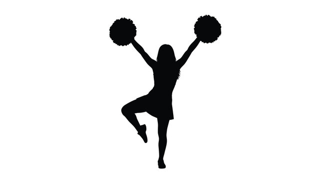 Cheerleader in action pose with raised pom poms black silhouette