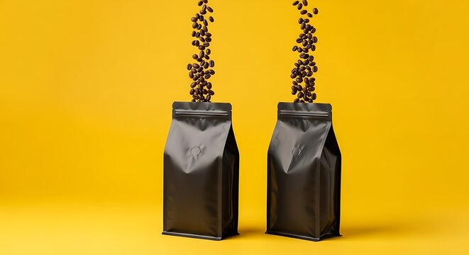 Mockup Logo Mockup Two Coffee Bags with Beans Falling Against Yellow pouring