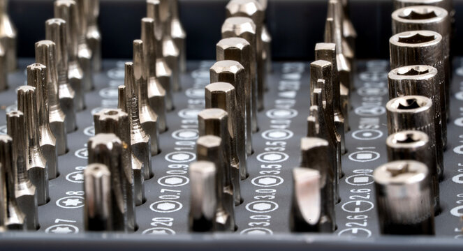 Close-up of precision screwdriver bits in organized tray