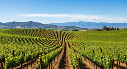 Fototapeta premium Lush Vineyard Rows Stretch Towards Distant Hills Under Blue Sky