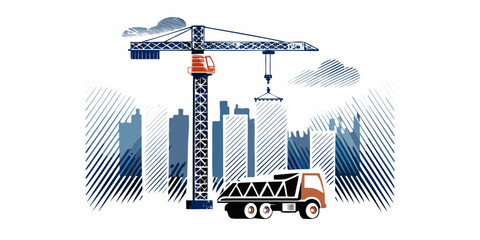 Construction scene depicting a crane dump truck and city skyline © Poly
