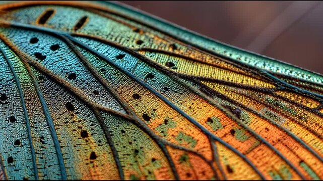 Macro View of a Dragonfly Wing Showing Intricate Veins and Iridescent Colors.