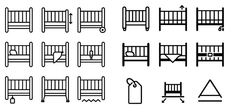 Nursery icons with crib mattress tag simple outline
