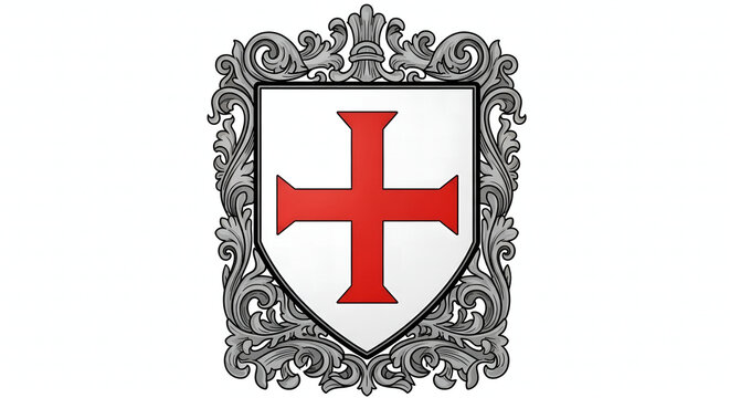 A striking heraldic shield featuring a bold red cross patt&eacute;e centered on a white field, encased in a highly detailed silver Baroque-style scrollwork frame.