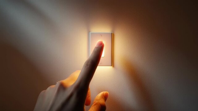 Hand Switch Light On Off Close Up, Finger Turning Lamp Switch in Dark Room Warm Glow Minimal Concept Energy Power Control