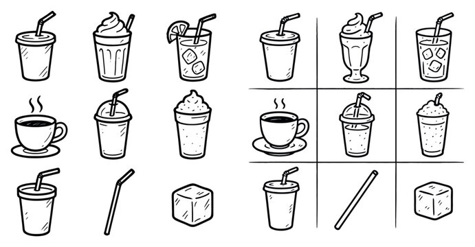 Beverage icons with cup straw ice cube doodle outline style