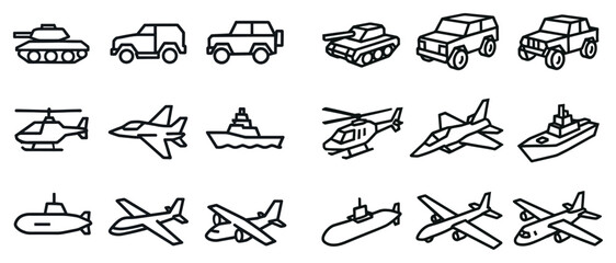 Naklejka premium Military vehicle icons with tank helicopter plane outline