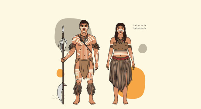 Illustration of an indigenous tribal man and woman in traditional ceremonial clothing with body paint and a wooden spear.