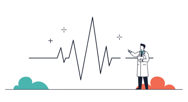 Doctor in a white medical lab coat pointing at a large stylized pulse waveform heartbeat line on a white background with clouds.