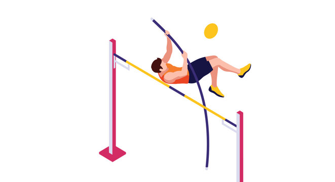 Isometric illustration of a male athlete performing a pole vault jump over a high horizontal bar during a sports competition.