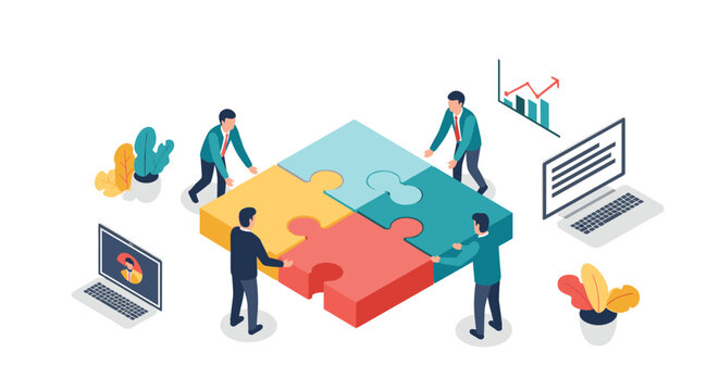 Isometric illustration of team of office workers assembling large colorful puzzle on floor in workspace with computers and data charts.