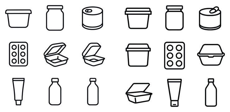 Packaging icons with jar and tub outline linear