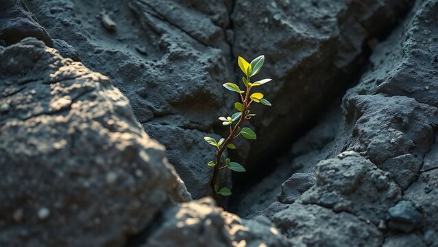 meson. Young sapling growing from a crack in a large rock, soft morning light. ESG reports, sustainability campaigns, designed for sustainability communications and ESG reporting.