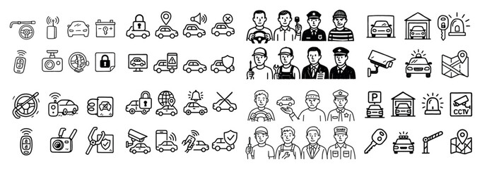 Obraz premium Monochrome security and surveillance icons set